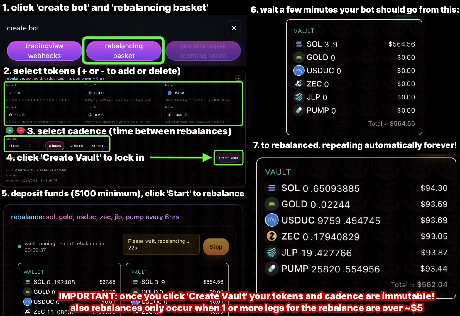 Rebalance basket bot setup — select tokens, create vault, pick cadence, fund, and start bot