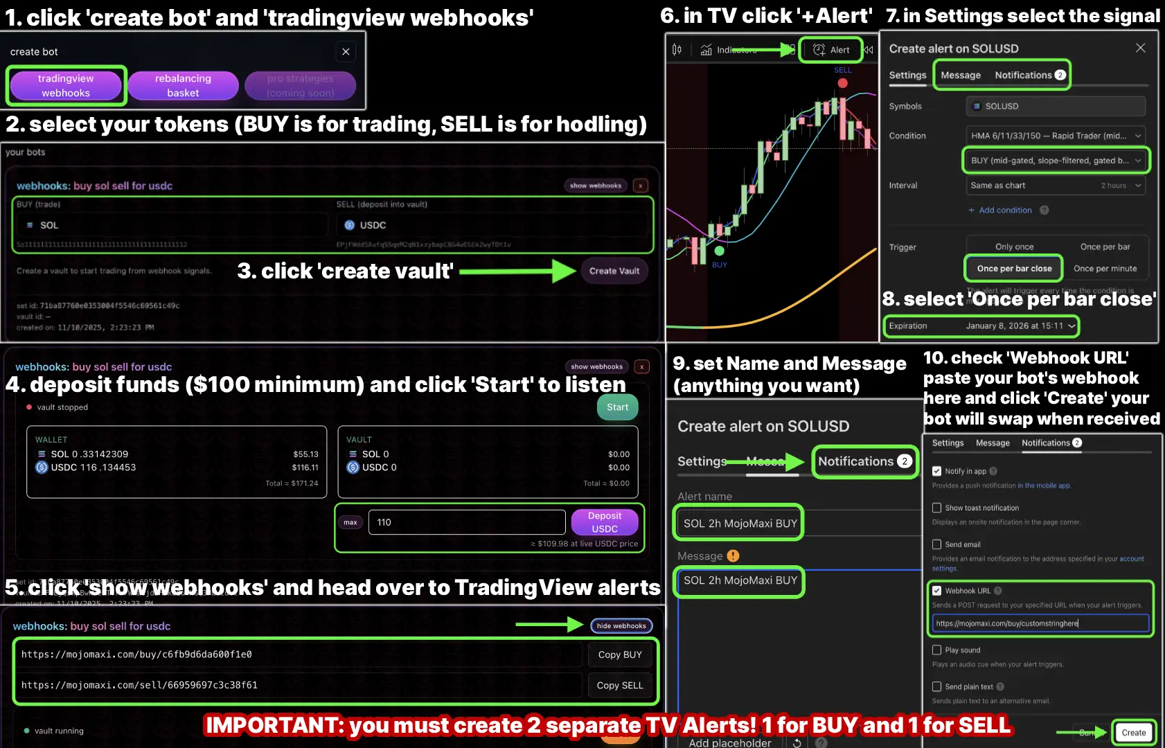 TradingView webhooks bot setup — create set, create vault, deposit Token B, connect alerts, start bot