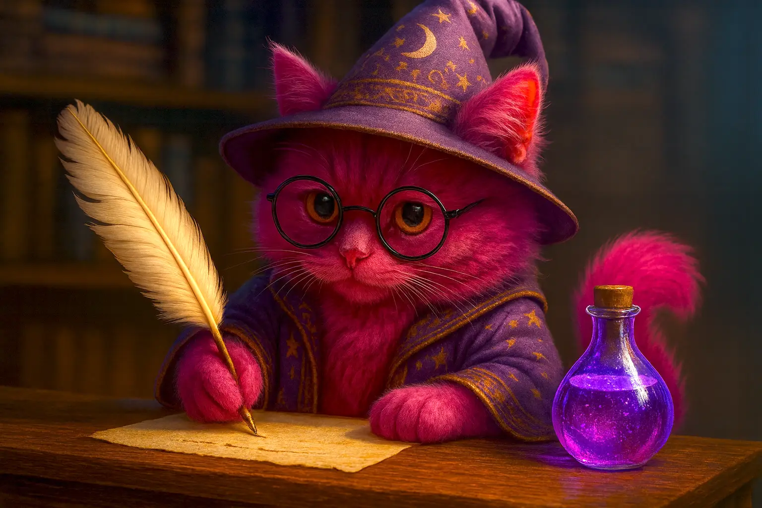 Wizard cat writing at a desk